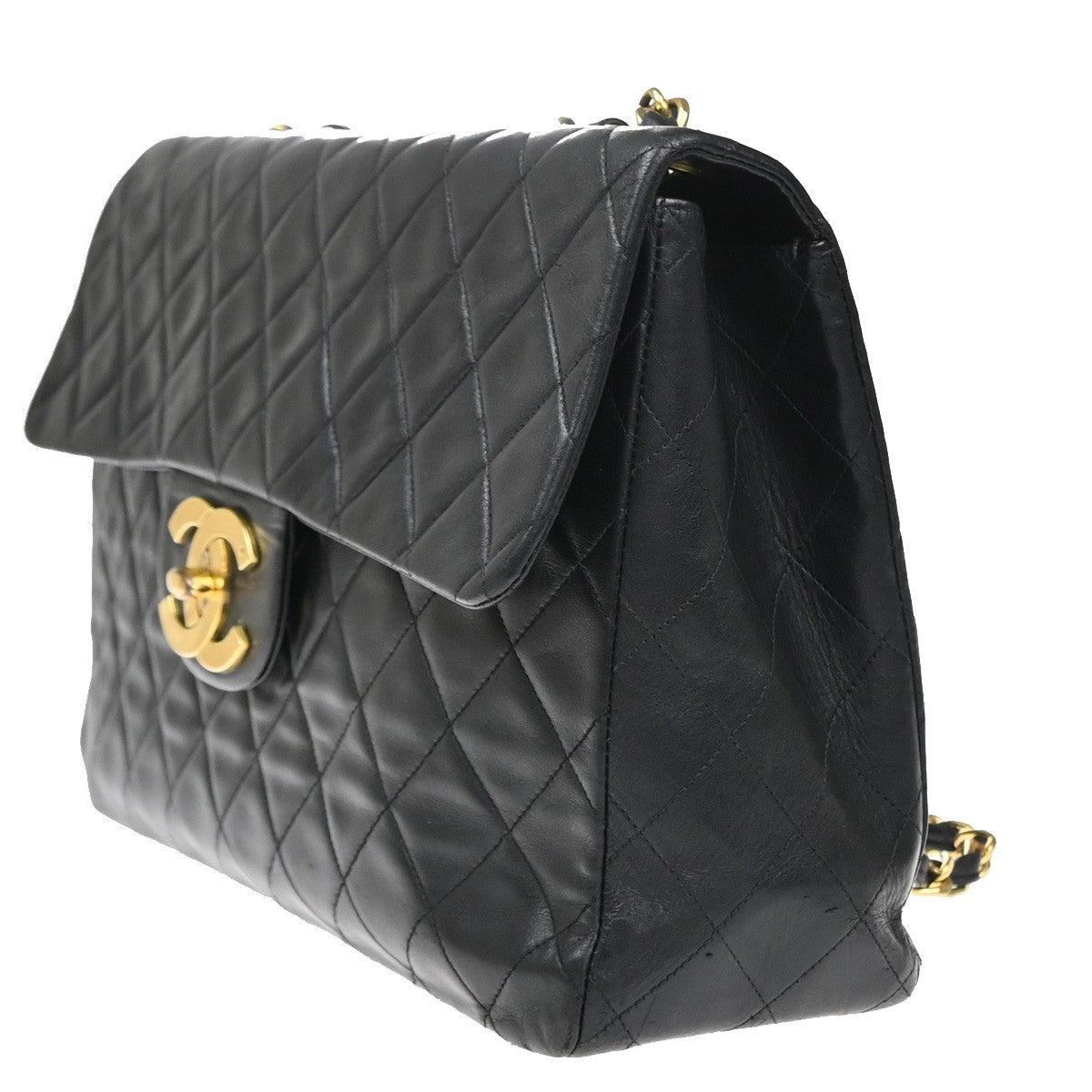 CHANEL CC Logo Maxi Jumbo Matelasse 34 Chain Shoulder Bag Leather Black 806RQ017