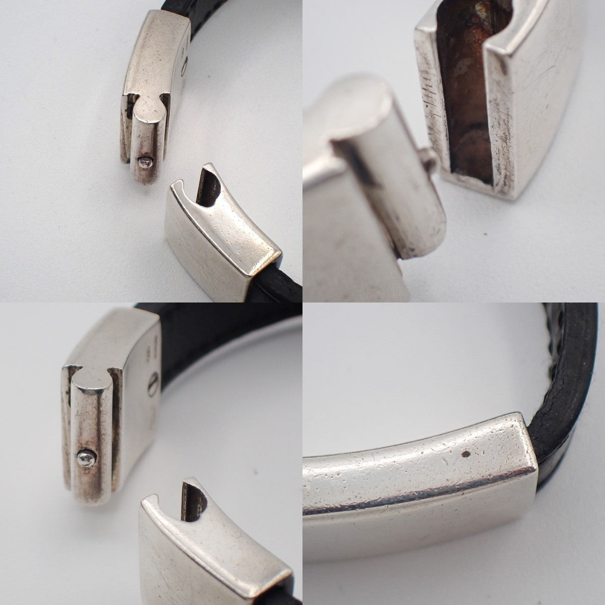 GUCCI Logo Bar Bracelet Bangle Leather Metal Black Silver925 Italy 01CA779