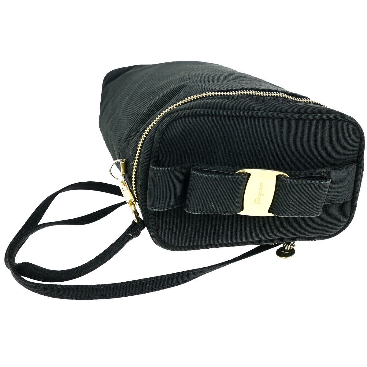 SALVATORE FERRAGAMO Vara Vanity Hand Shoulder Bag Canvas Leather Black 09KA255