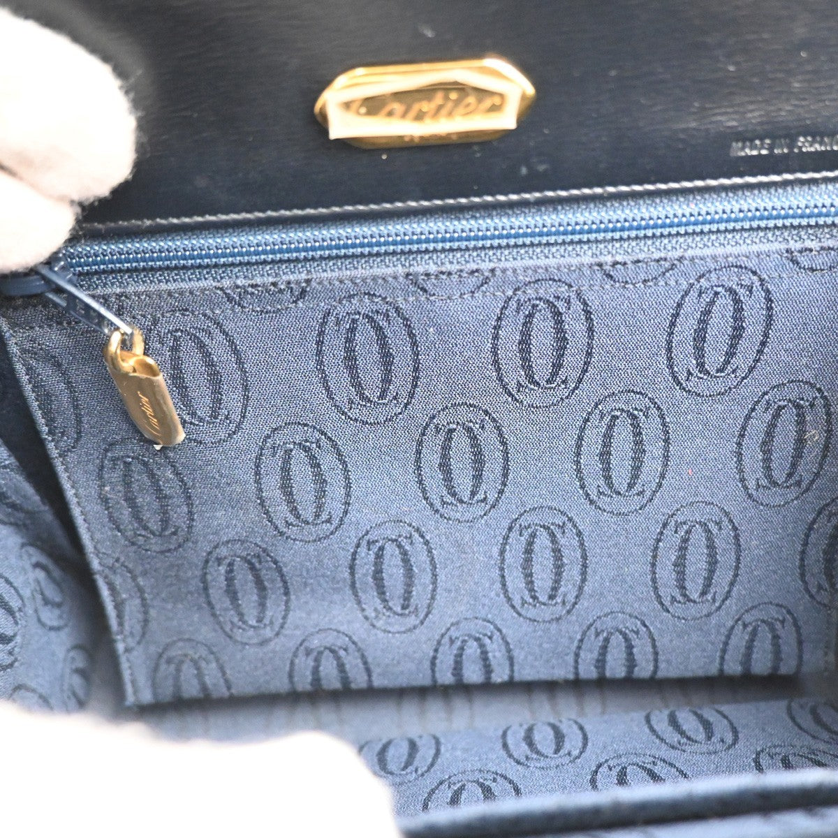 CARTIER Logo Sapphire Line Shoulder Hand Bag Leather Navy France GHW 38MA402