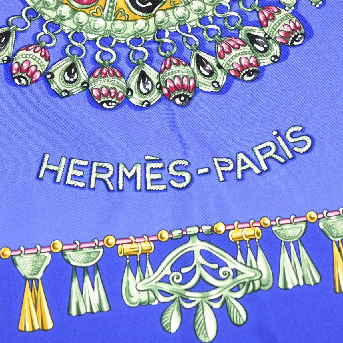 HERMES Logo Carre Scarf 90  " PARURES DES SABLES" 100% Silk Blue France 38YJ114