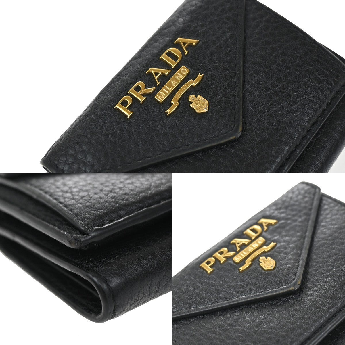 PRADA Logo Mini Compact Trifold Wallet Vitello Leather Black GHW 62YH815