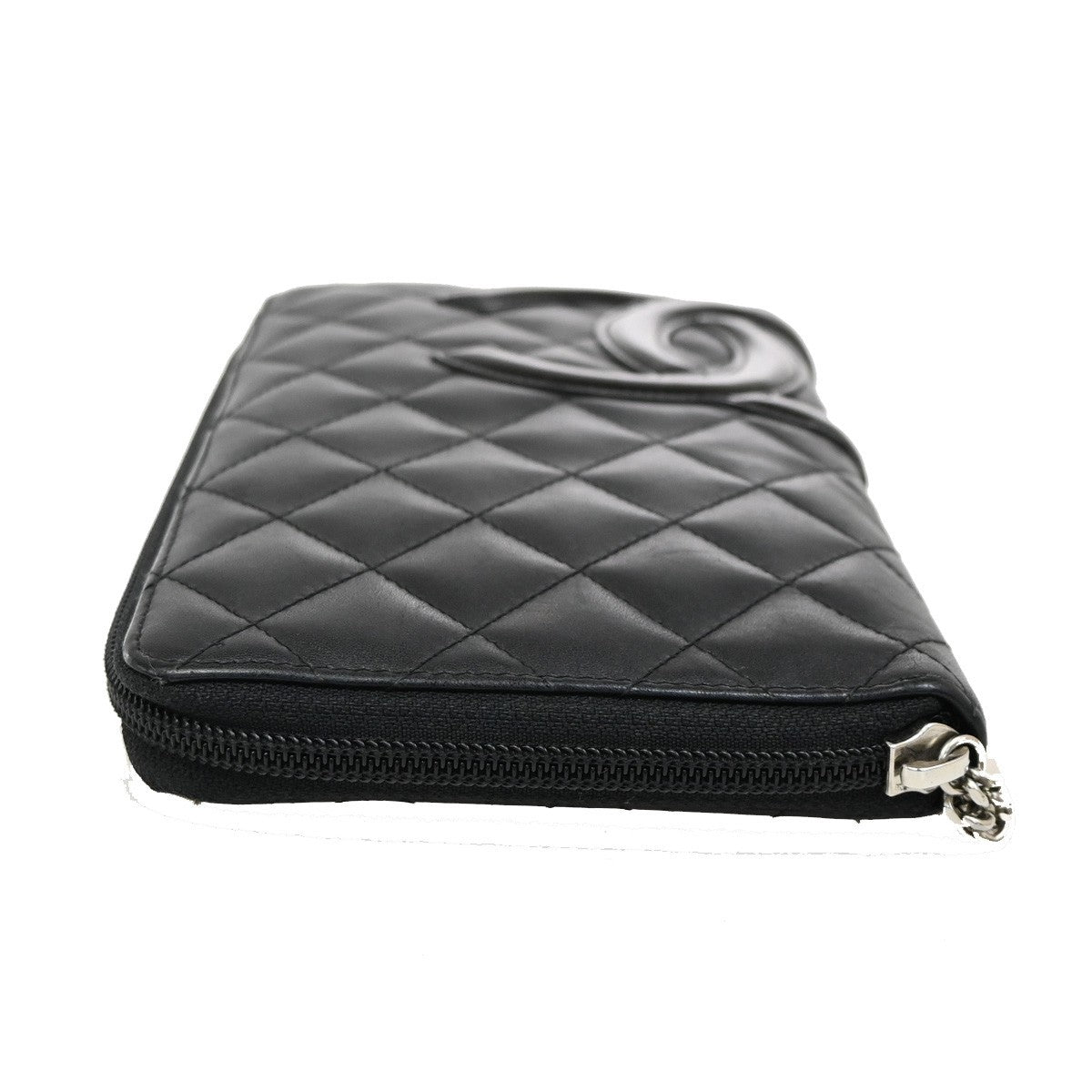 CHANEL CC Logo Cambon Zip Around Long Bifold Wallet Leather Black Pink 39EF850