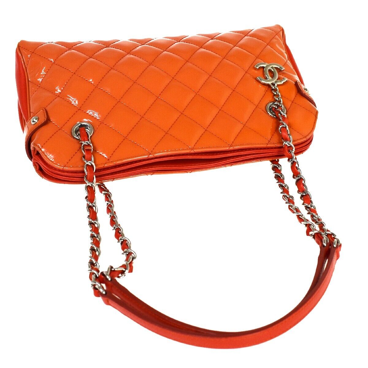 CHANEL CC Matelasse Chain Shoulder Bag Patent Leather Orange SHW 660RJ198
