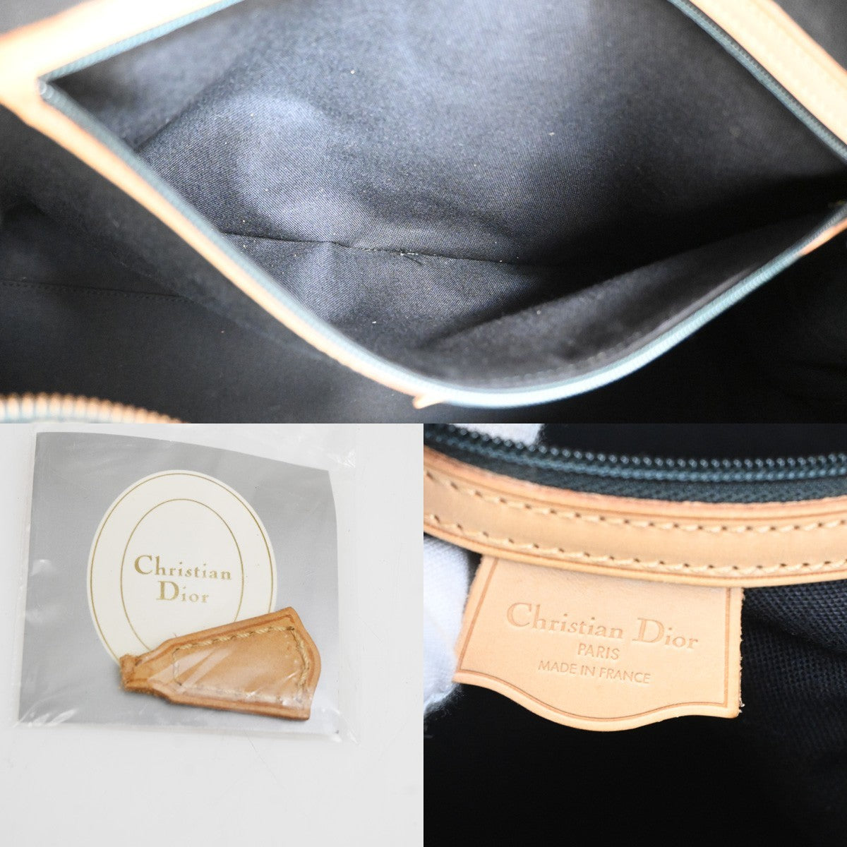 CHRISTIAN DIOR Logo Trotter Boston Hand Bag Canvas Leather Navy Blue 70TA634