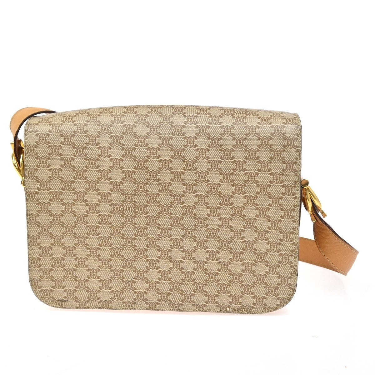 CELINE Logo Horse Carriage Macadam Shoulder Bag PVC Leather Beige GHW 30KC949