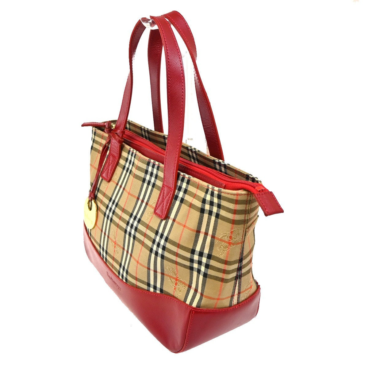 BURBERRY Nova Check Hand Bag Canvas Leather Beige Red GHW 62KC545