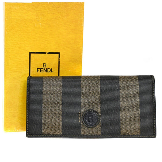 FENDI Logo Pequin Bifold Long Wallet Purse PVC Leather Brown Black Italy 04RH855
