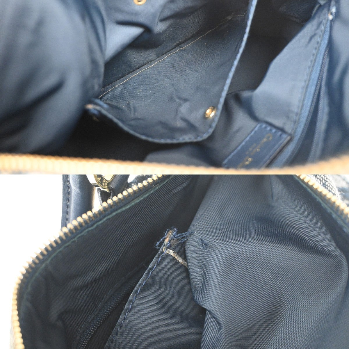 CHRISTIAN DIOR Logo Trotter Pattern Hand Bag Canvas Leather Navy Blue 93YH969