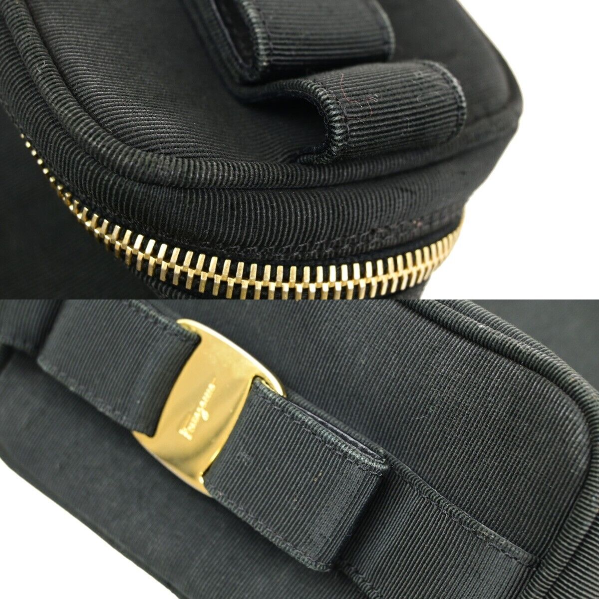 SALVATORE FERRAGAMO Vara Vanity Hand Shoulder Bag Canvas Leather Black 09KA255