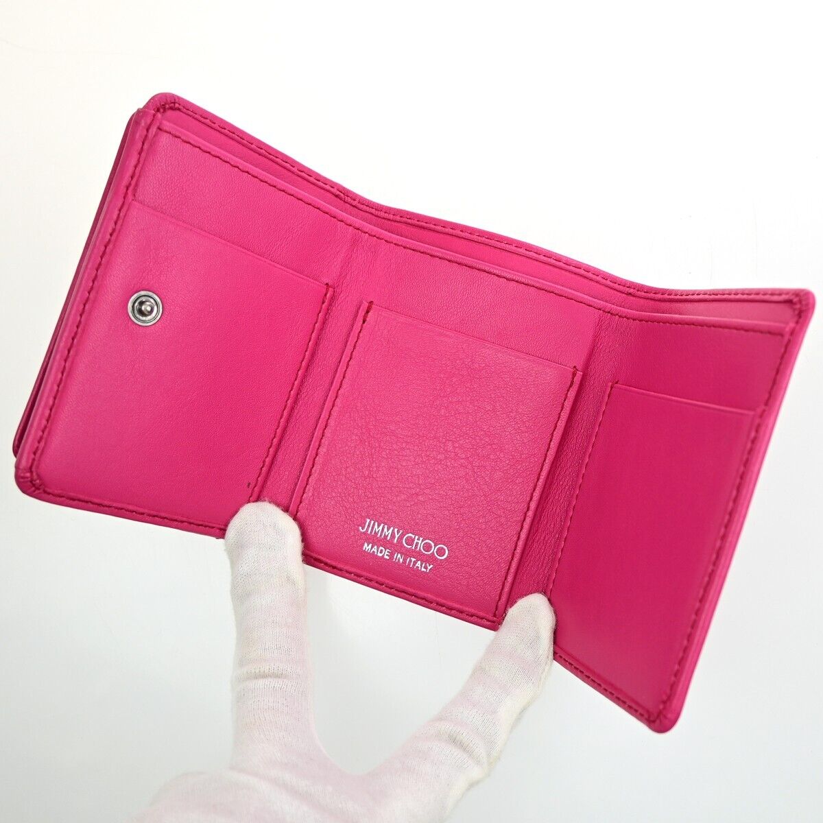 JIMMY CHOO Logo Star Studs Mini Trifold Wallet Purse Leather Pink Italy 05KA165