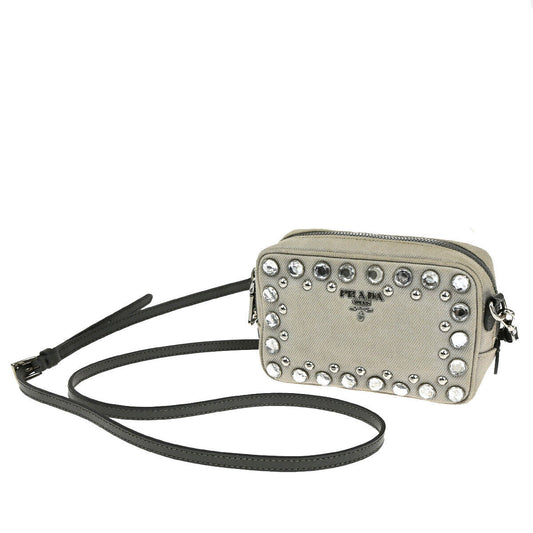 PRADA Logo Saffiano Crossbody Shoulder Bag Canvas Leather Gray SHW 31SJ367