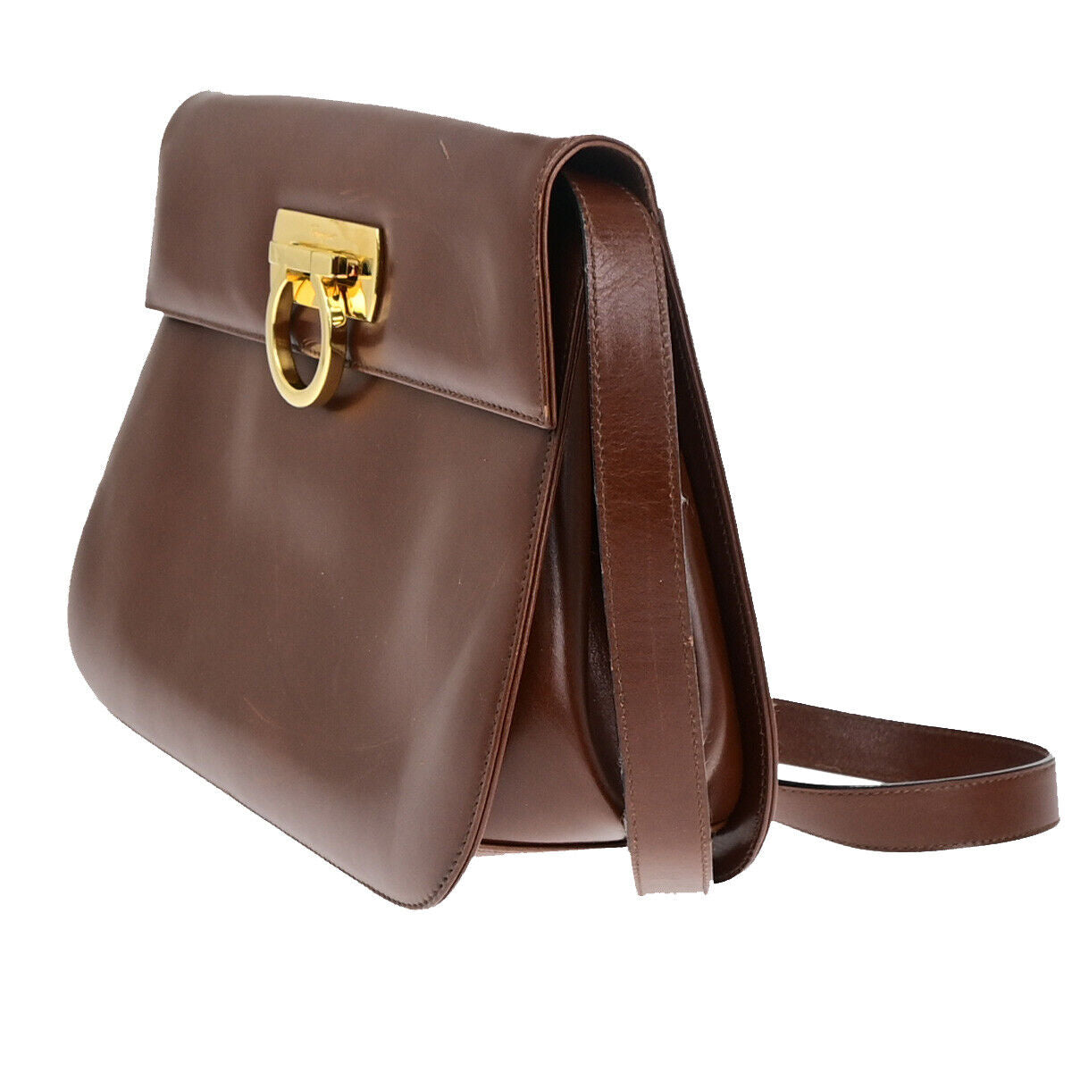 SALVATORE FERRAGAMO Logo Gancini Shoulder Bag Leather Brown GHW Italy 67YE859