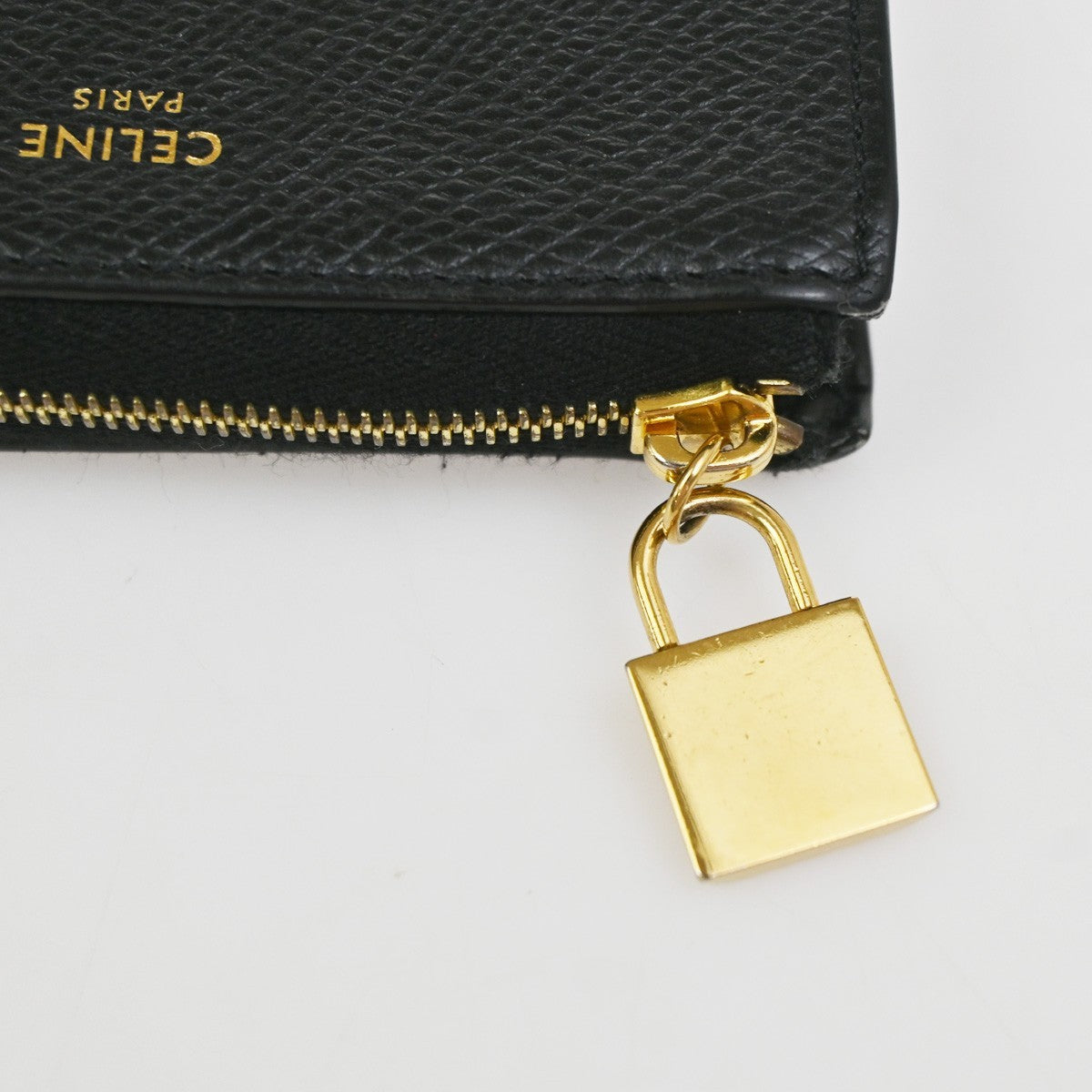 CELINE Logo Mini Zipper Compact Coincase Leather Black Gold Italy 64TA602