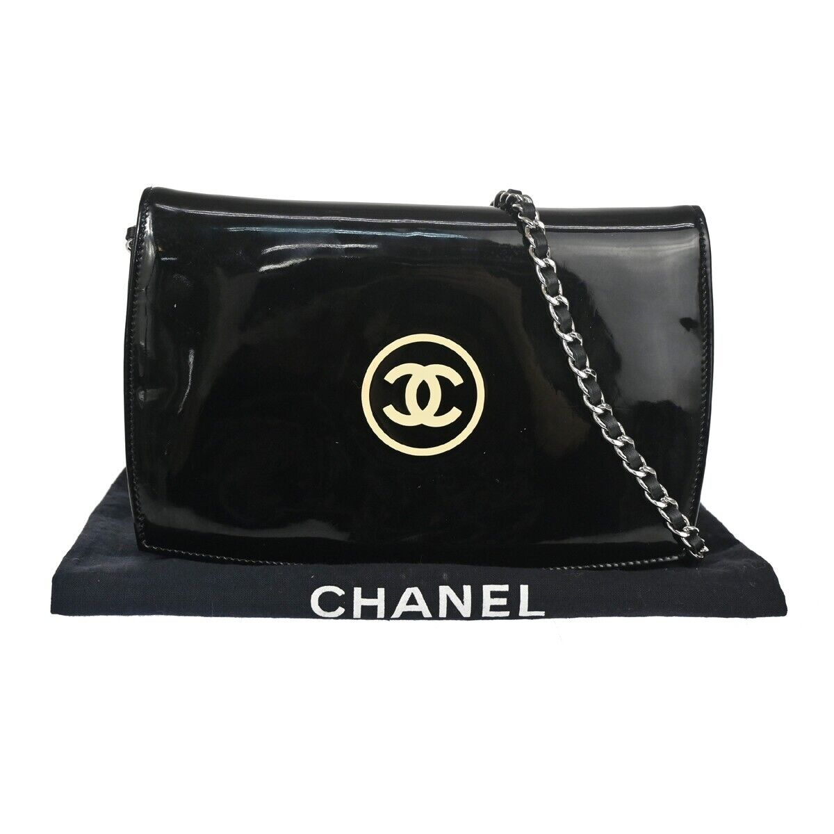 CHANEL CC Logo Mini Chain Wallet Shoulder Bag Patent Leather Black SHW 683RH866