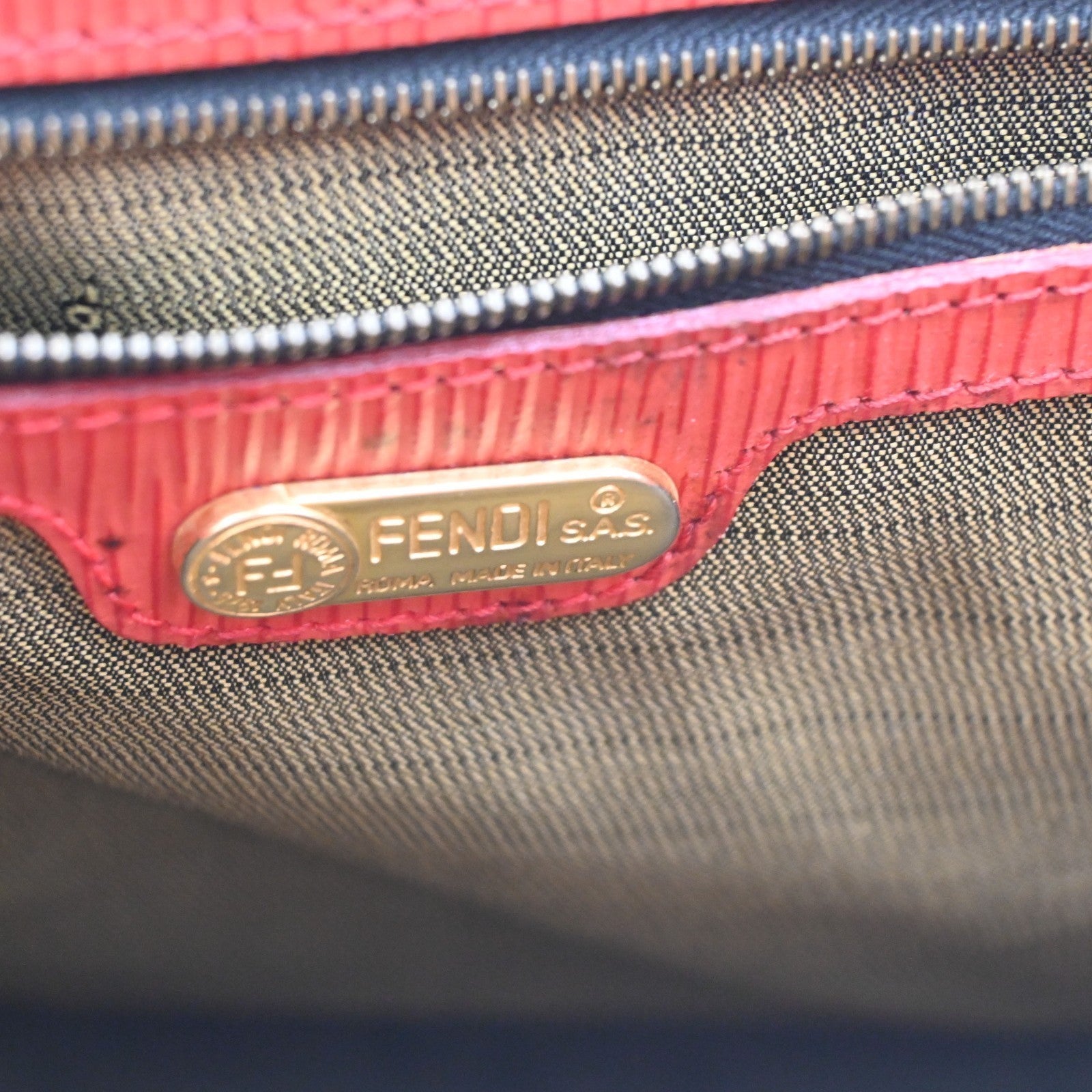 FENDI Logo Leopard Pattern Hand Bag Canvas Leather Brown Red Italy 38KD067