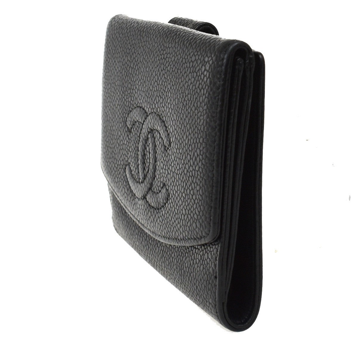 CHANEL CC Logo Bifold Compact Wallet Grained Calfskin Leather Black 64RF554