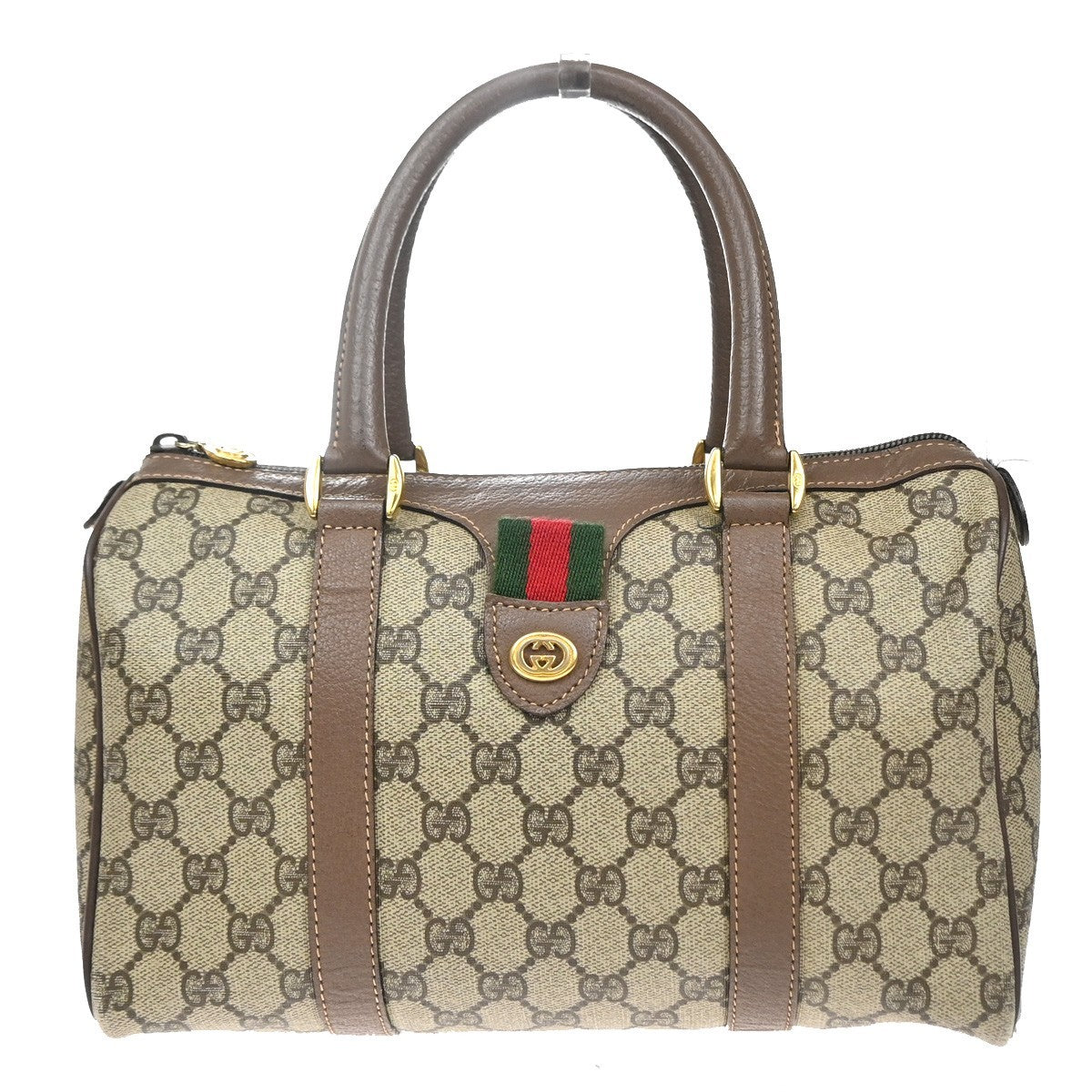 GUCCI Logo Sherry Web Line GG Pattern Hand Bag PVC Leather Brown Italy 65YJ158