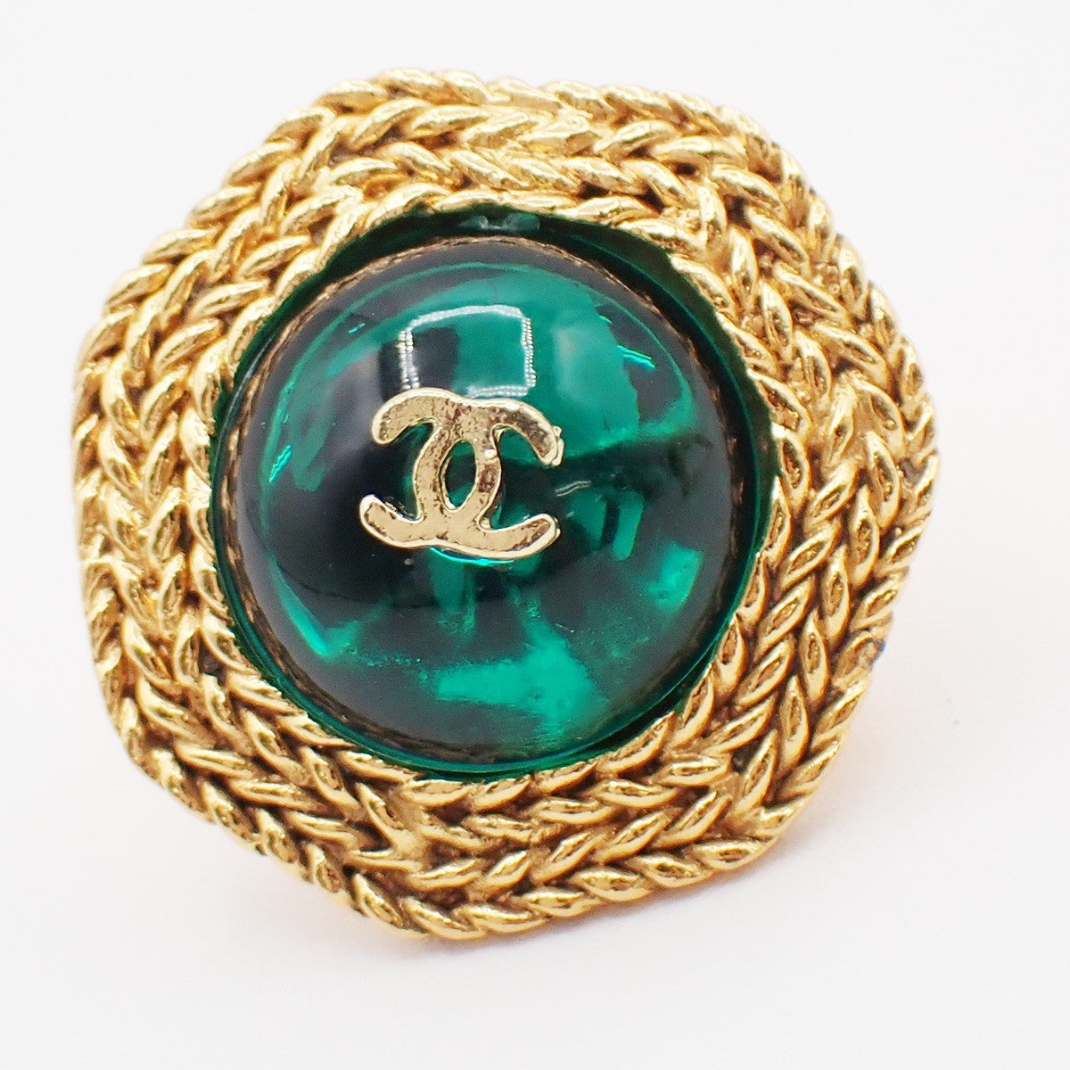 CHANEL CC Logo Button Earrings Clip-On Green GHW France 33RL470