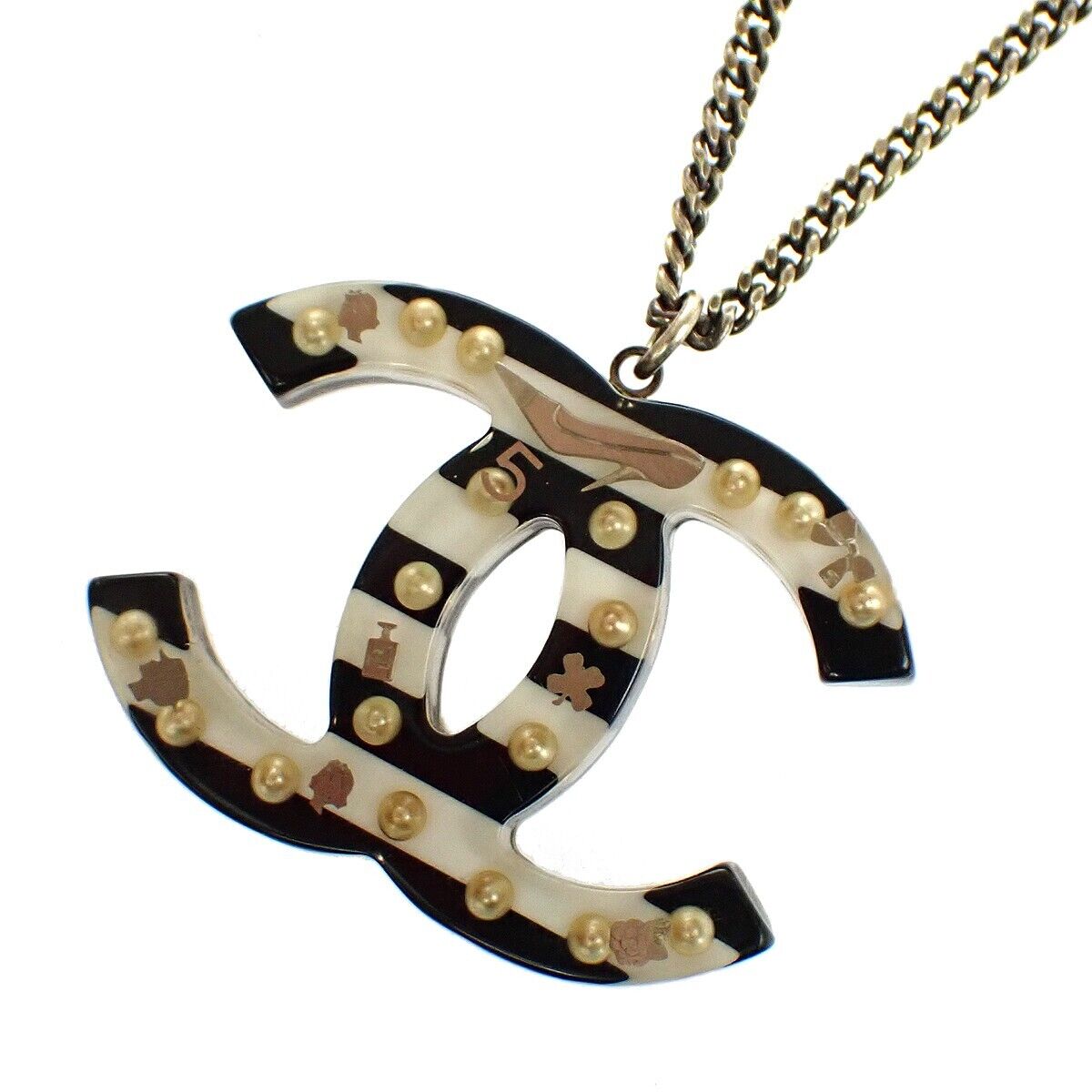 CHANEL CC Logo Chain Necklace Pendant Imitation Pearl 06A Silver France 34RH464