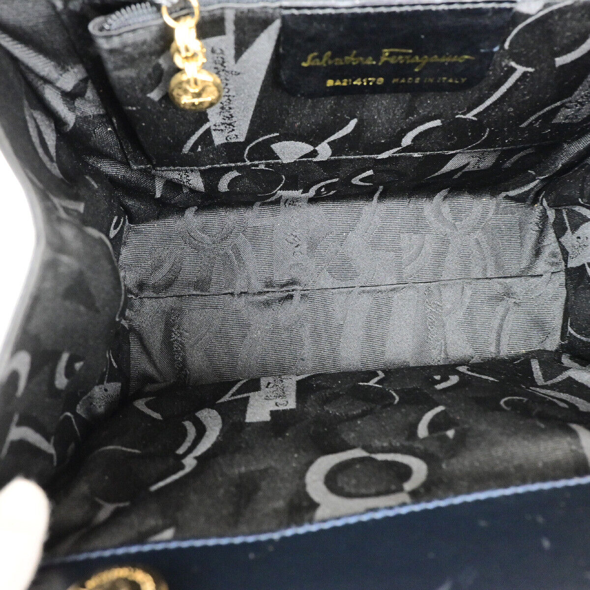 SALVATORE FERRAGAMO Vara Hand Bag Canvas Leather Navy Blue GHW Italy 37YF210