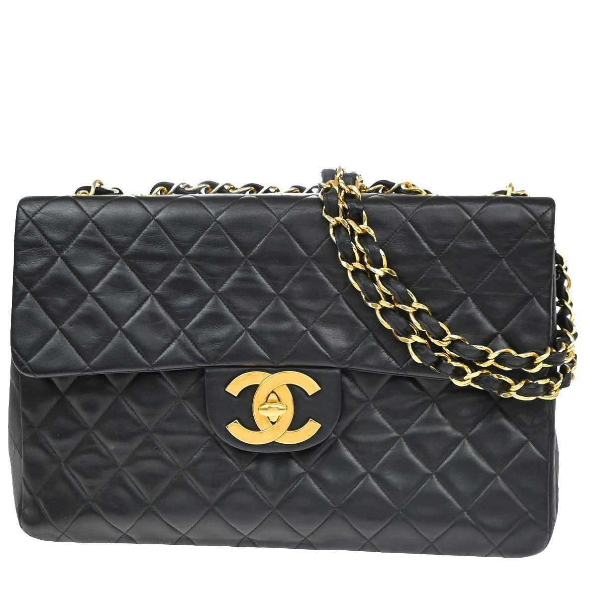 CHANEL Maxi Jumbo Matelasse 34 Chain Shoulder Bag Leather Black Vintage 865RP181