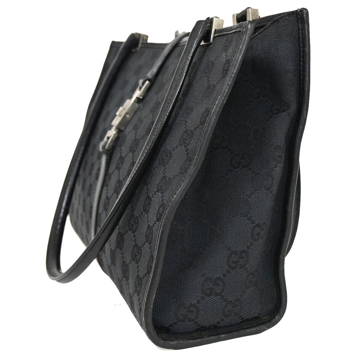 GUCCI GG Pattern Jackie Shoulder Tote Bag Canvas Leather Black Silver 60FA442