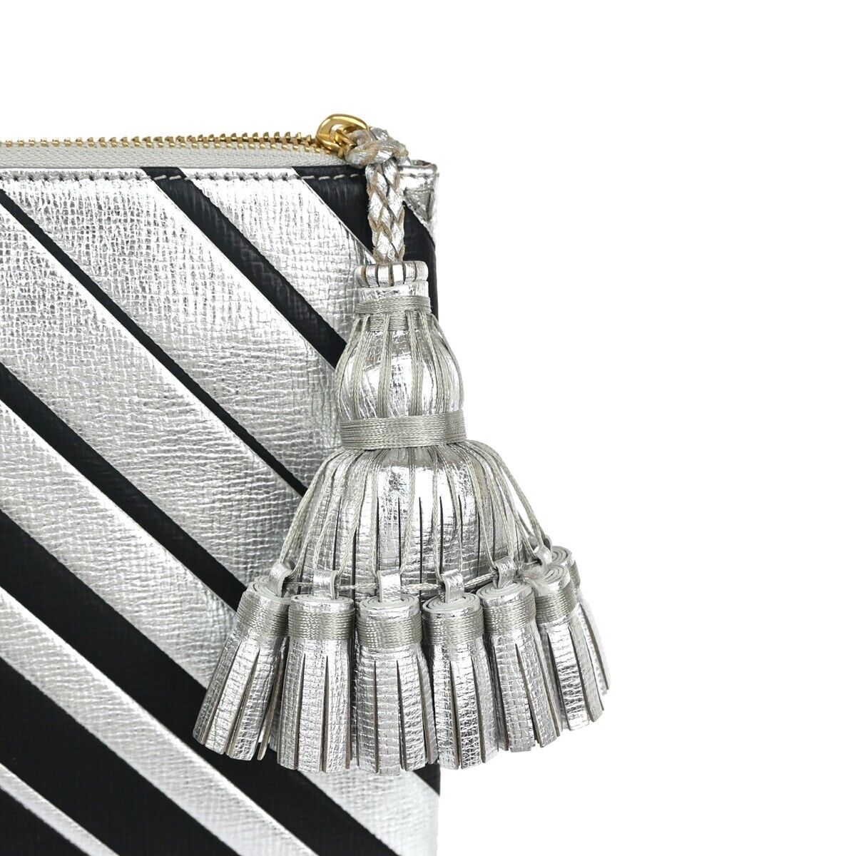 ANYA HINDMARCH Logo Fringe Tassel Clutch Hand Bag Leather Silver Black 69EA079