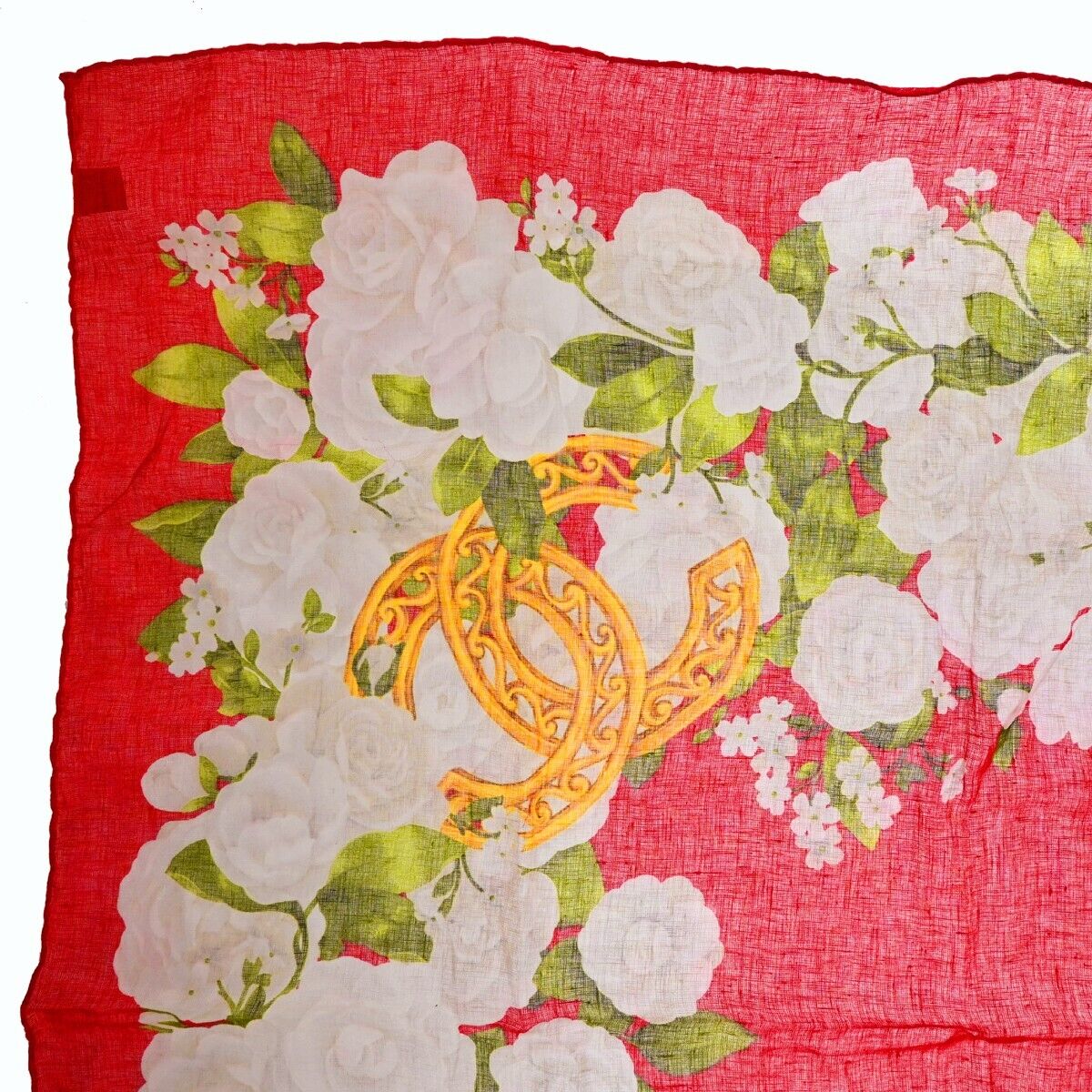 CHANEL CC Camellia XL JUMBO Scarf Handkerchief 100% Linen Red Accessory 61EA294