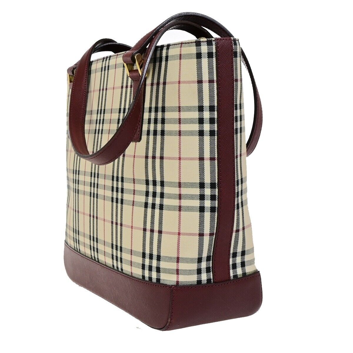 BURBERRY Logo Hand Bag Nova Check Canvas Leather Burgundy GHW 83RK727