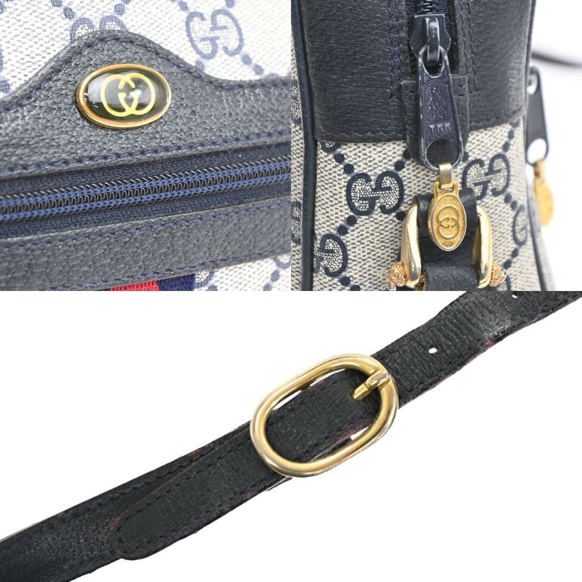 GUCCI Logo GG Sherry Line Shoulder Hand Bag PVC Leather Navy Blue Italy 69MA470