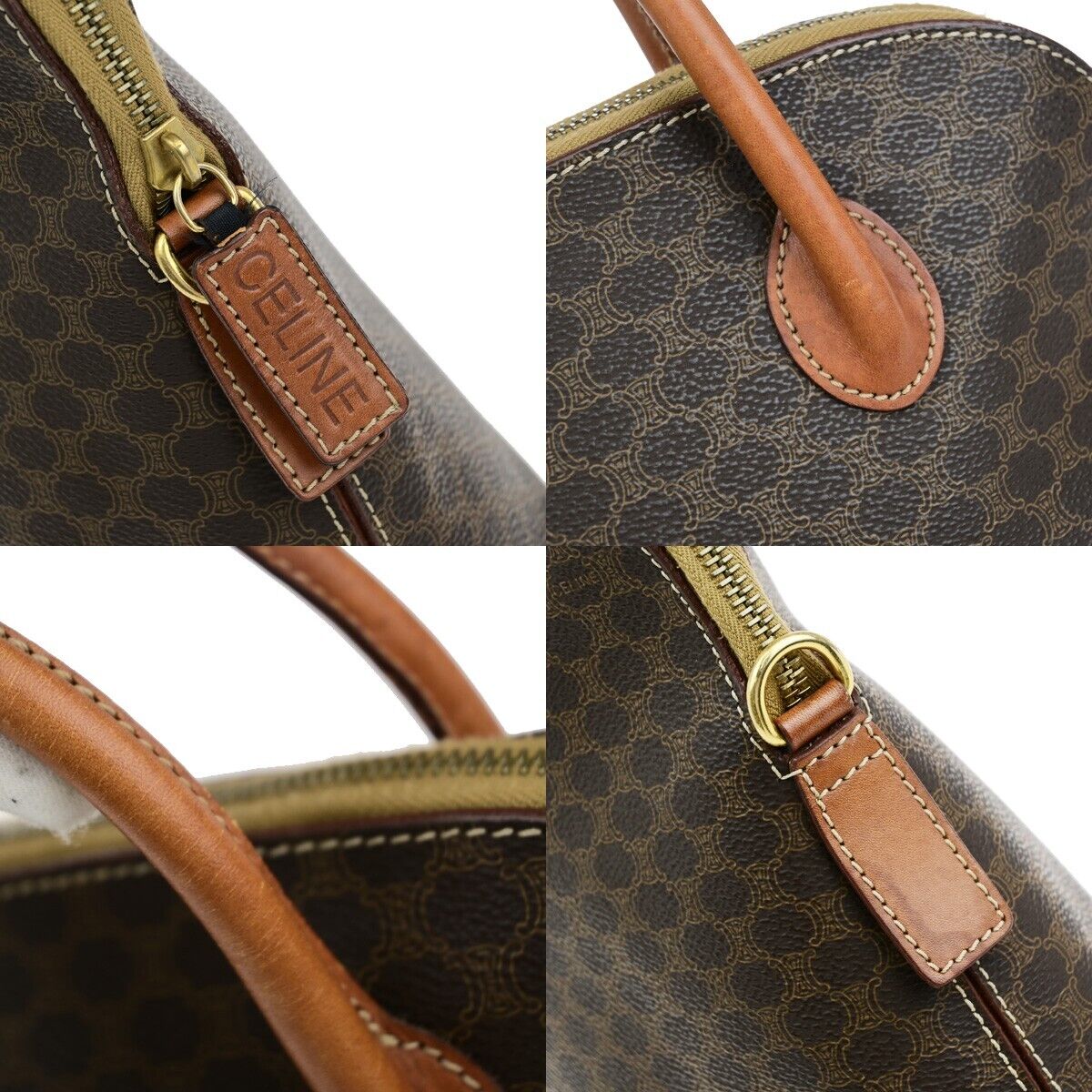 CELINE Logo Macadam Pattern Hand Bag PVC Leather Brown Gold Italy 64EB492