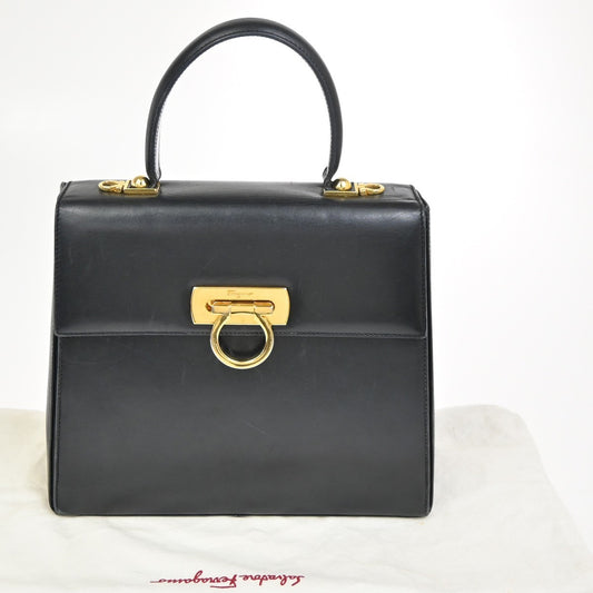 SALVATORE FERRAGAMO Gancini Hand Bag Leather Black GHW 38ZA214