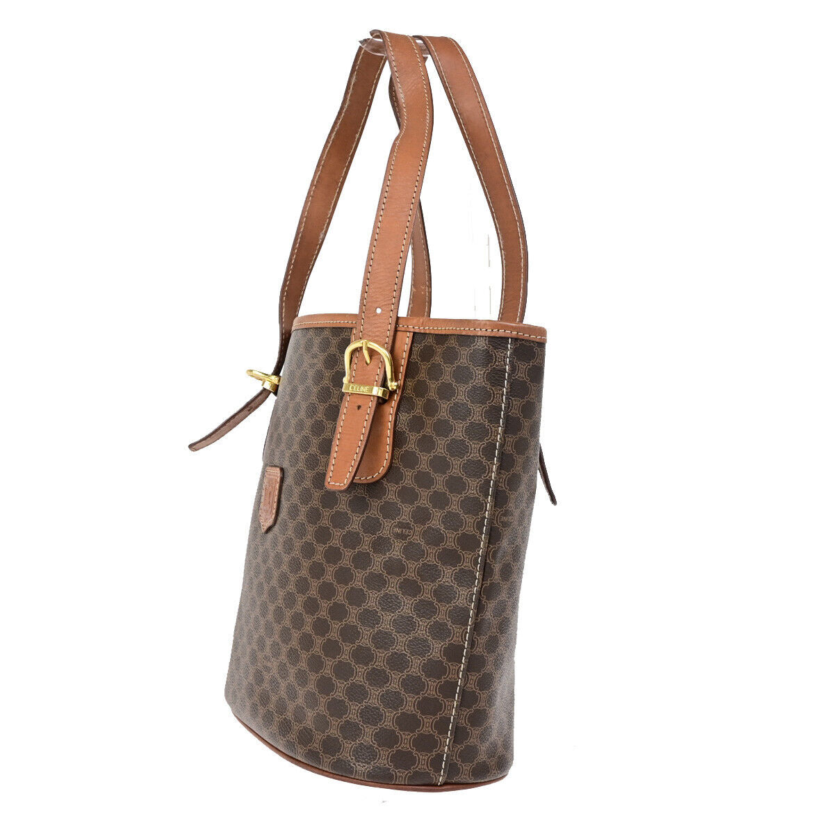 CELINE Logo Macadam Pattern Shoulder Tote Bag PVC Leather Brown GHW 62SJ475