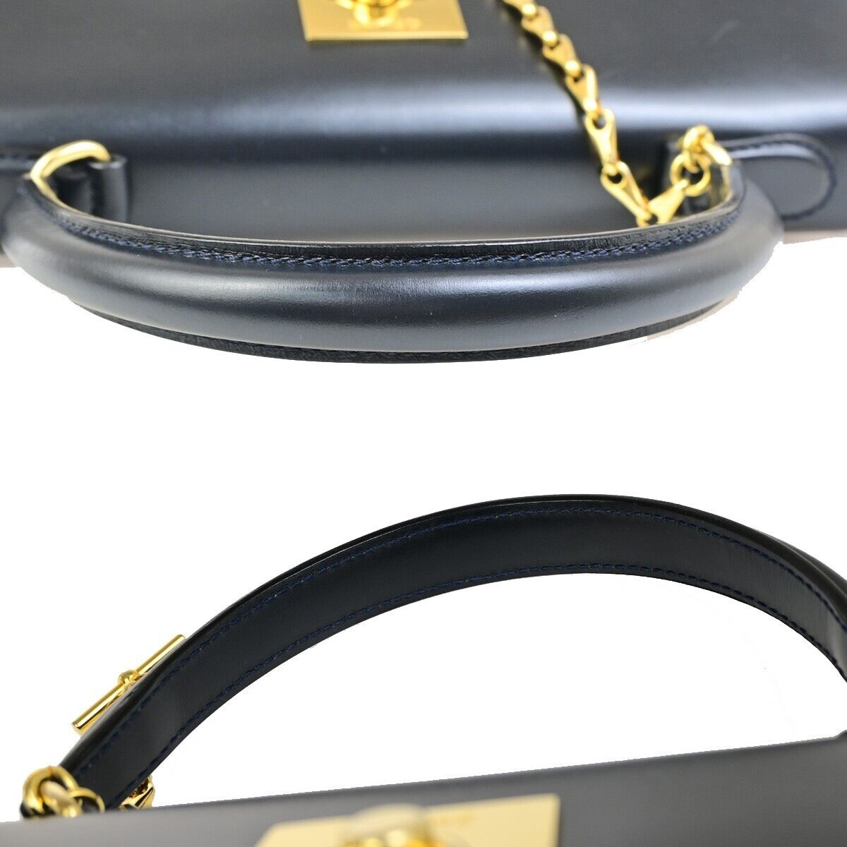 CELINE Logo Top Handle Hand Bag Leather Navy Blue GHW Made in Italy 34EC891