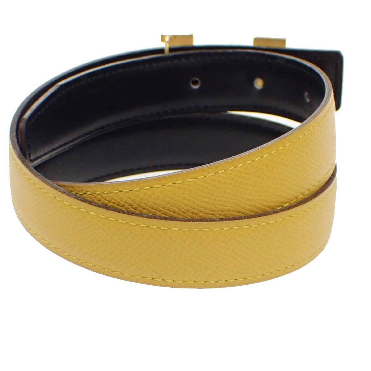 HERMES Logo Constance H Buckle Belt Size 65 Leather Yellow Black France 34RL638