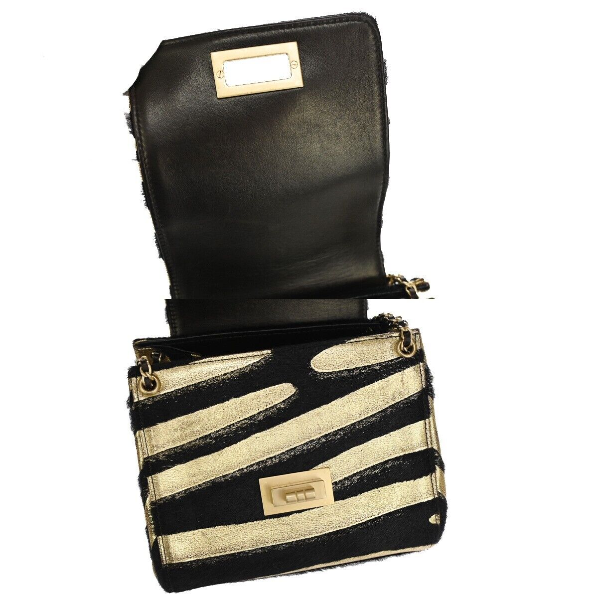 CHANEL 2.55 Zebra Chain Mini Hand Bag Fur Leather Black Gold France 629RH277