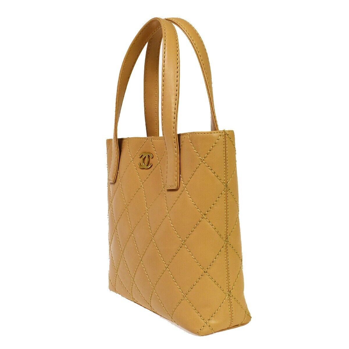 CHANEL CC Logo Wild Stitch Hand Tote Bag Leather Beige Gold Italy 699RH707