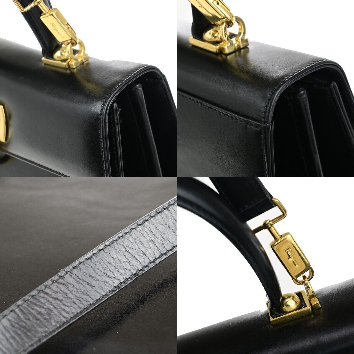 SALVATORE FERRAGAMO 2Way Gancini Shoulder Hand Bag Leather Black Gold 87EC640