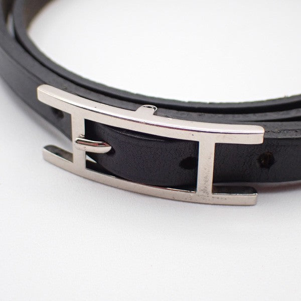 HERMES Api 3 Triple Tour Long Bracelet SHW Leather Sliver Black 64RL493