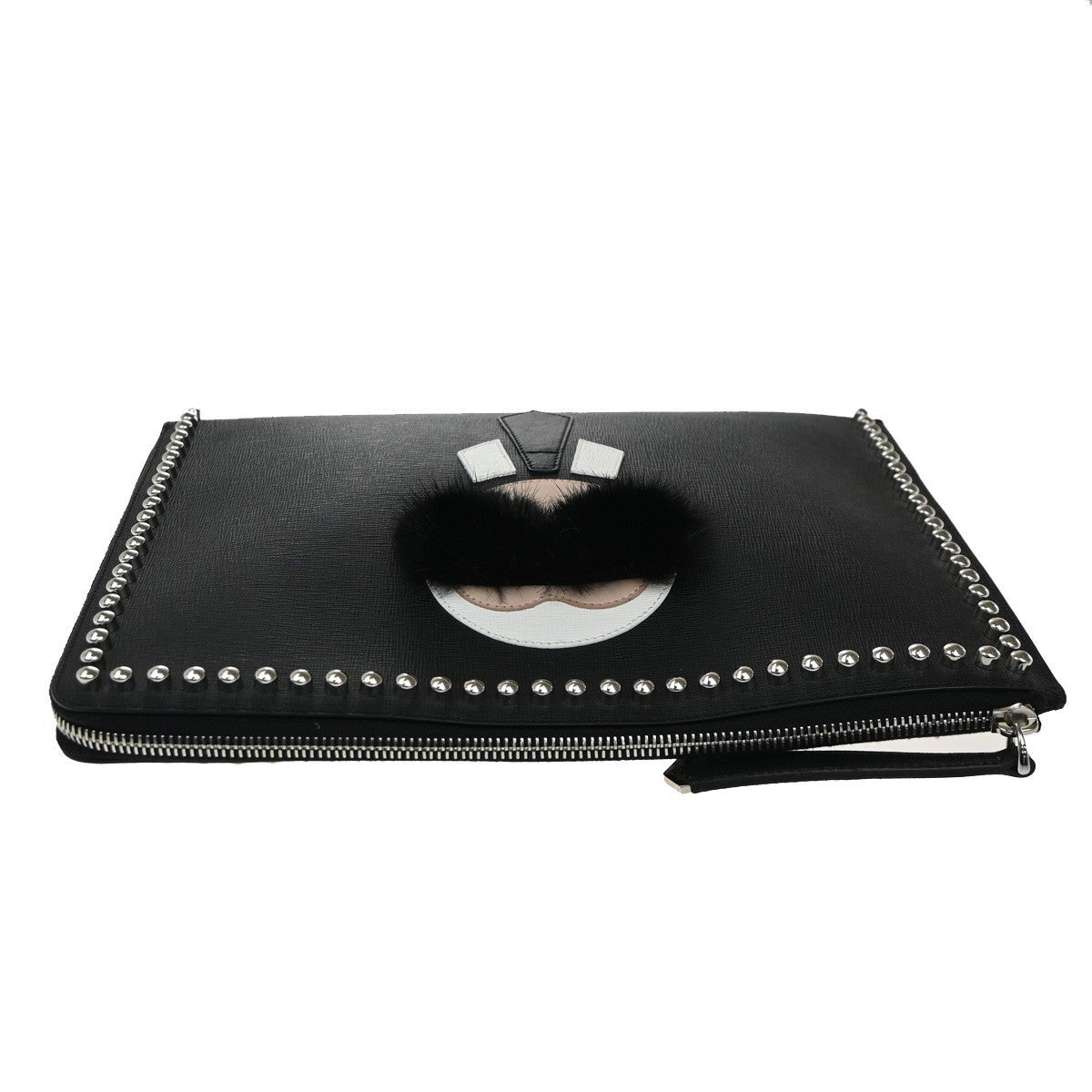 FENDI Karlito Karl Lagerfeld Clutch Bag Leather Fur Black SHW Italy 30EG245