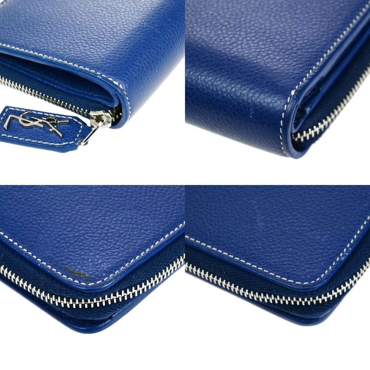 SAINT LAURENT Logo Bifold Wallet Purse Leather Blue SHW Made in Italy 65EB003