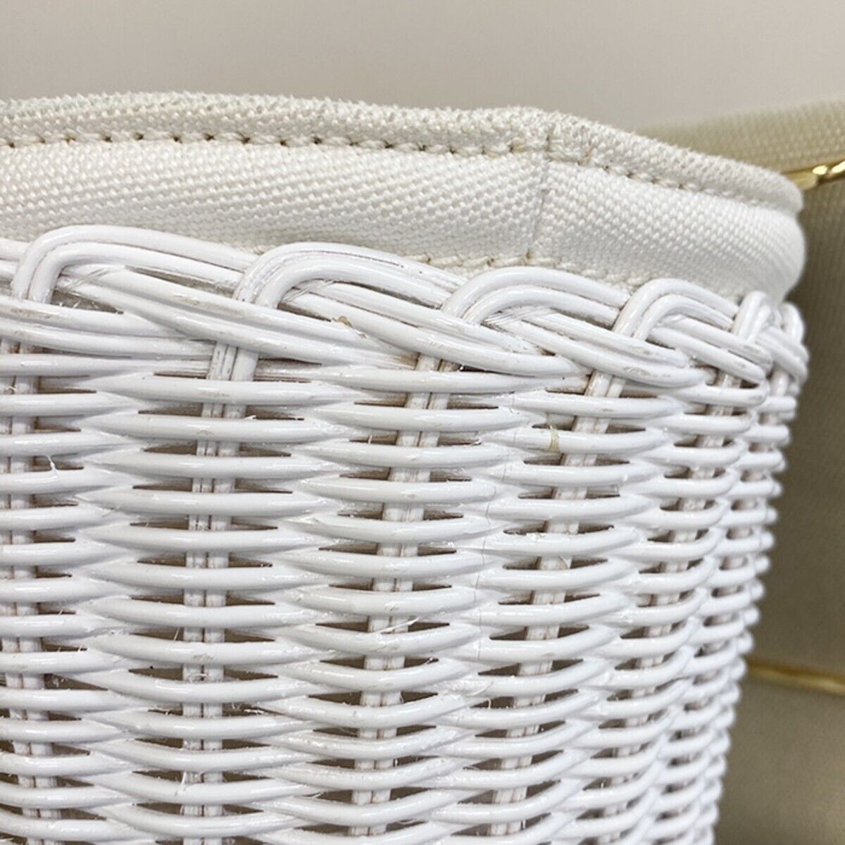 PRADA Logo Midollino Wicker 2Way Shoulder Hand Bag Canvas Leather White 686RH260