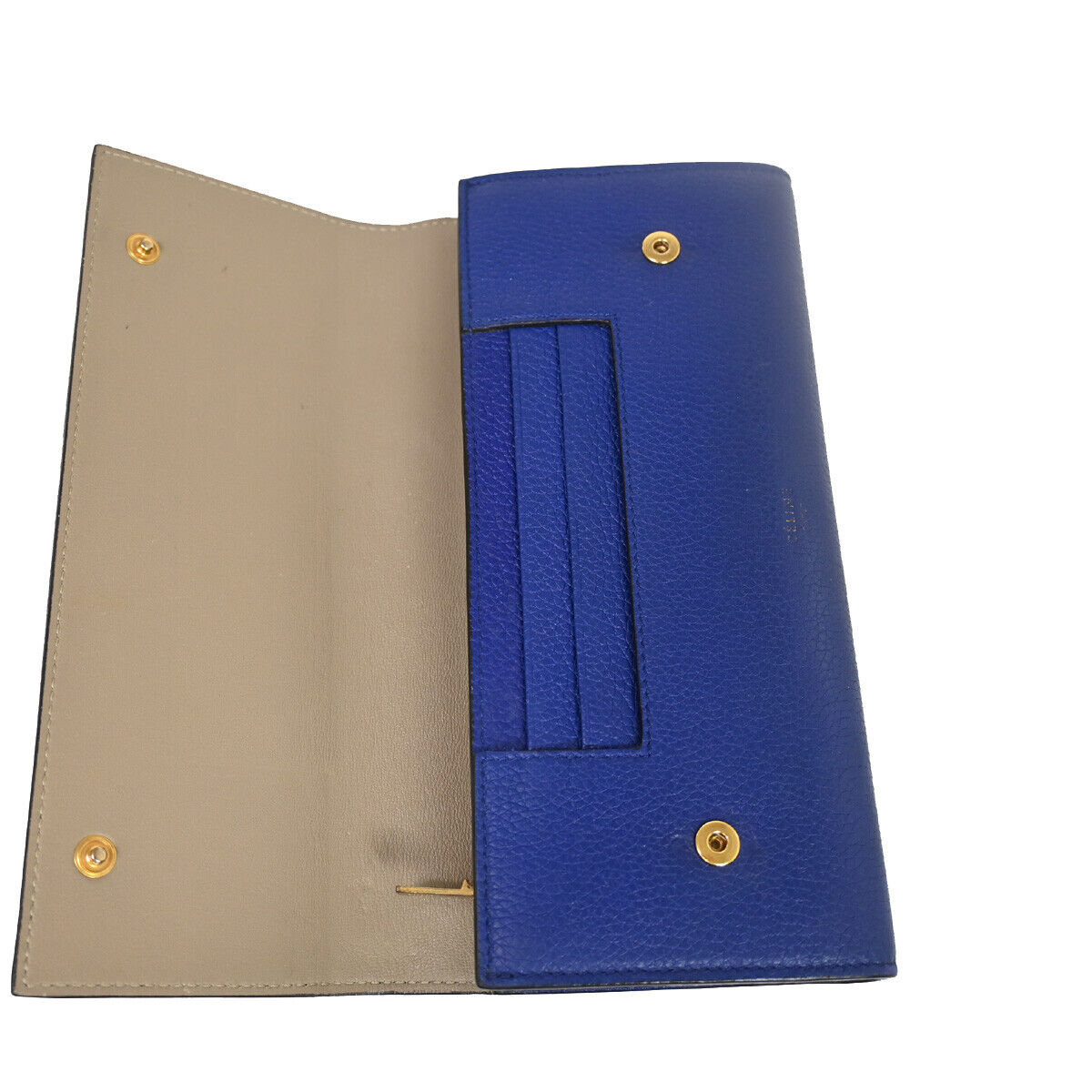 CELINE Logo Large Flap Long Bifold Wallet Purse Leather Blue Italy 01YB373