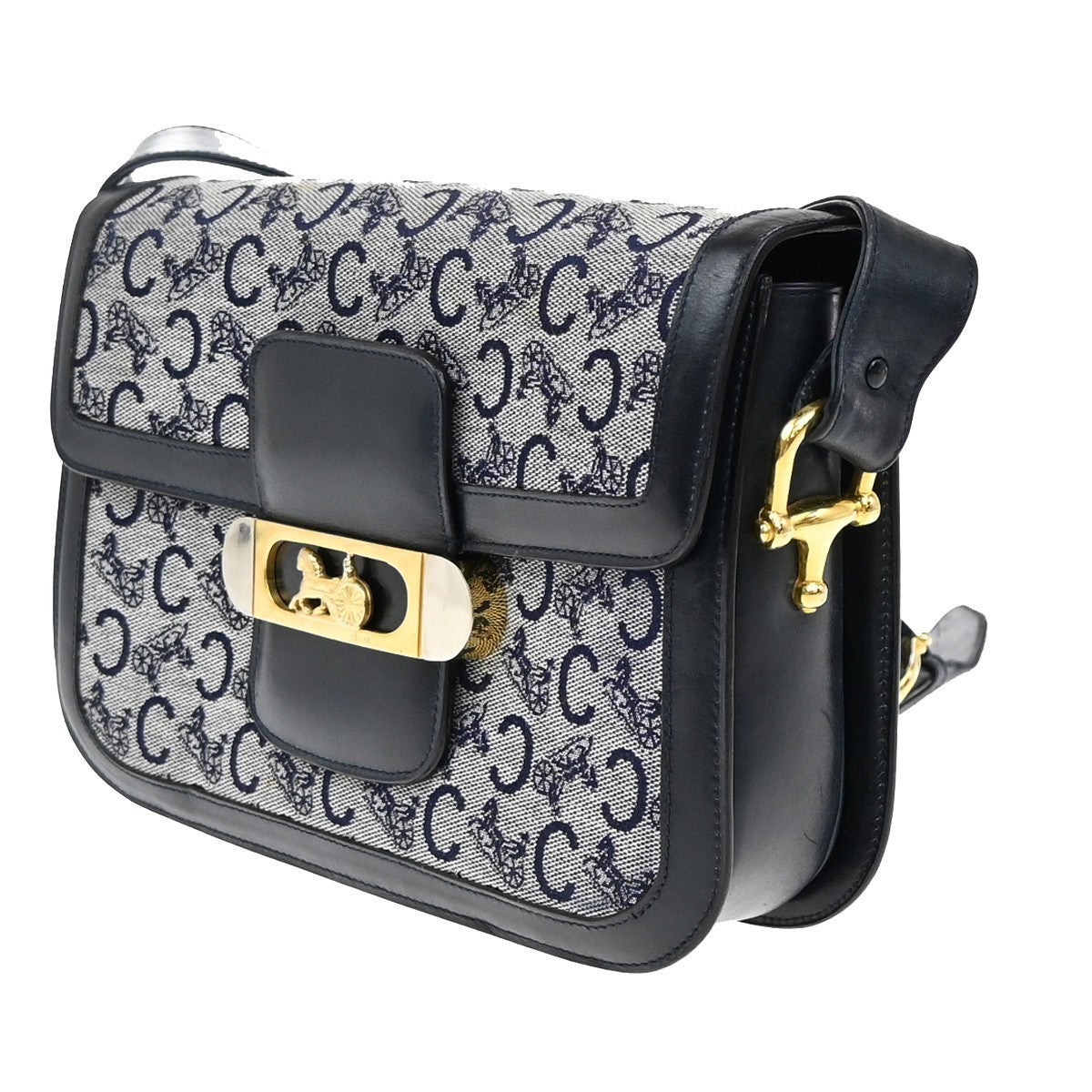 CELINE C Macadam Horse Carriage Shoulder Bag Canvas Leather Navy Blue 67EF889