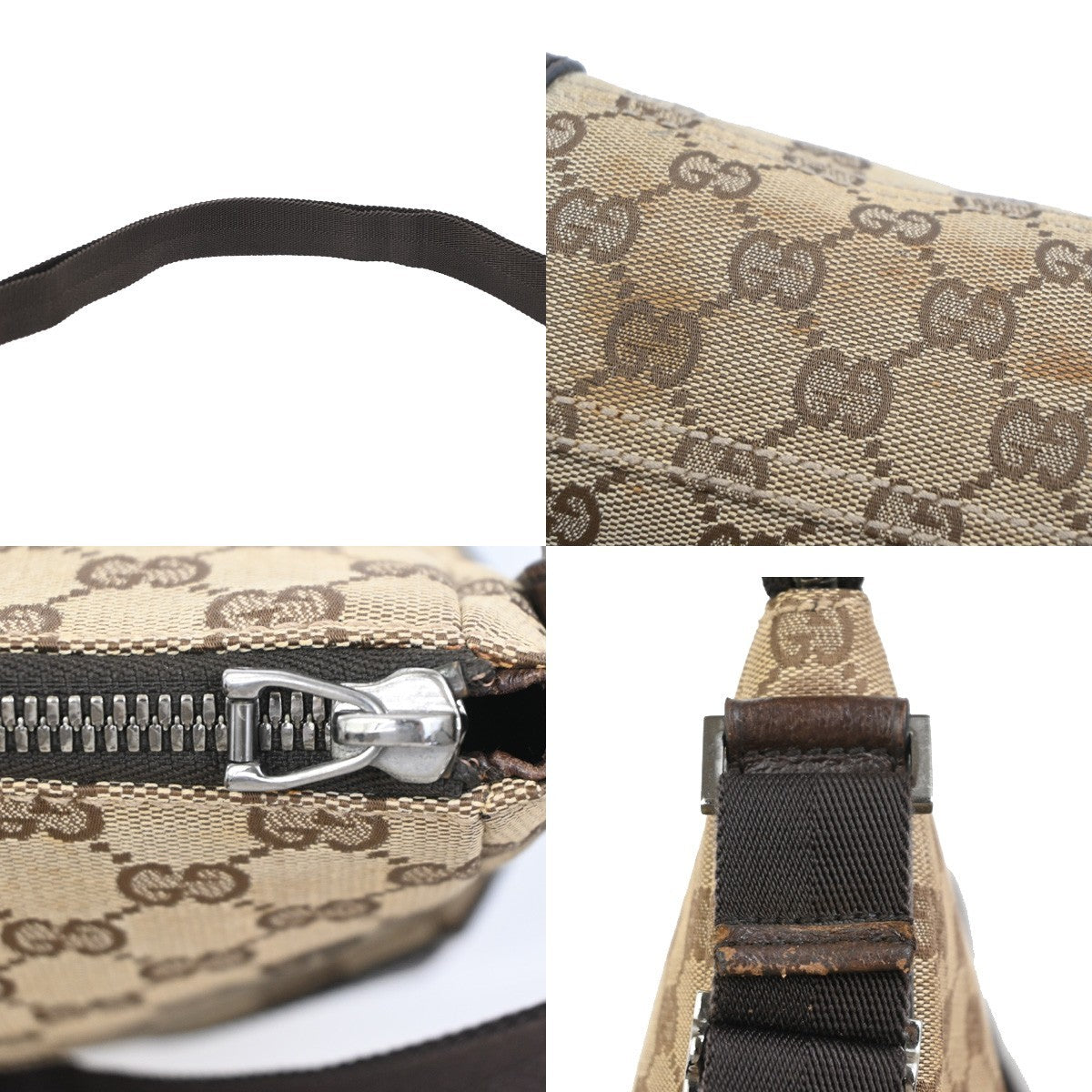Gucci GG Logo Zipper Crossbody Shoulder Bag Canvas Leather Brown Italy 83PA116