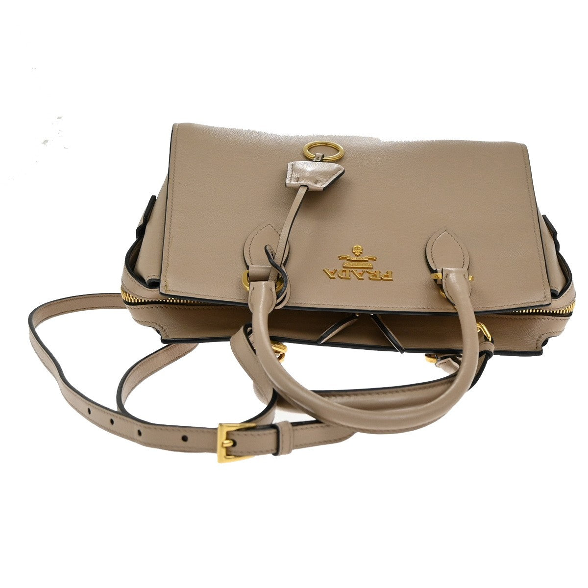 PRADA Logo 2Way Shoulder Hand Bag Leather Charm Beige GHW 636KB360