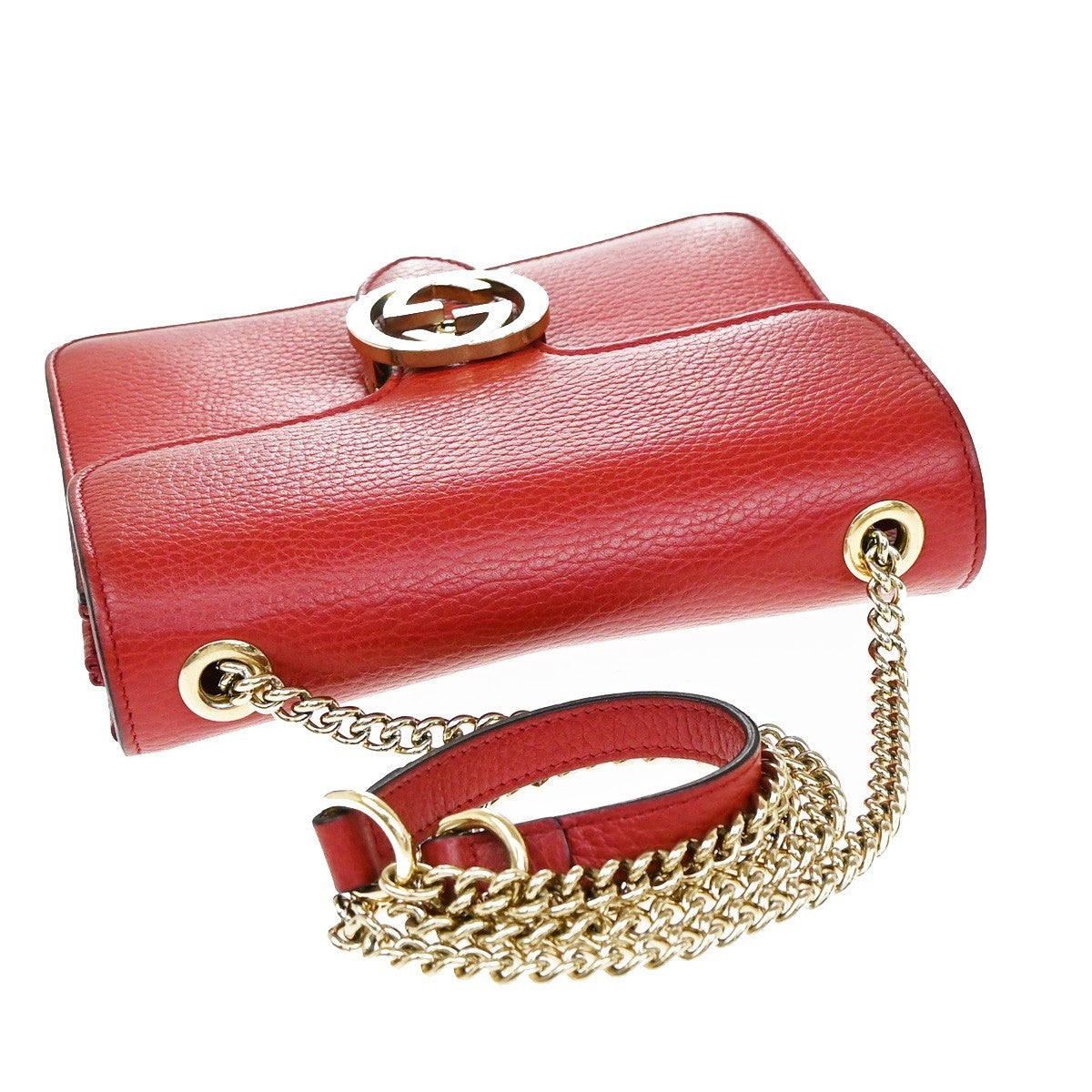 GUCCI Logo Interlocking G Chain Mini Shoulder Bag Leather Red GHW Italy 52KP126