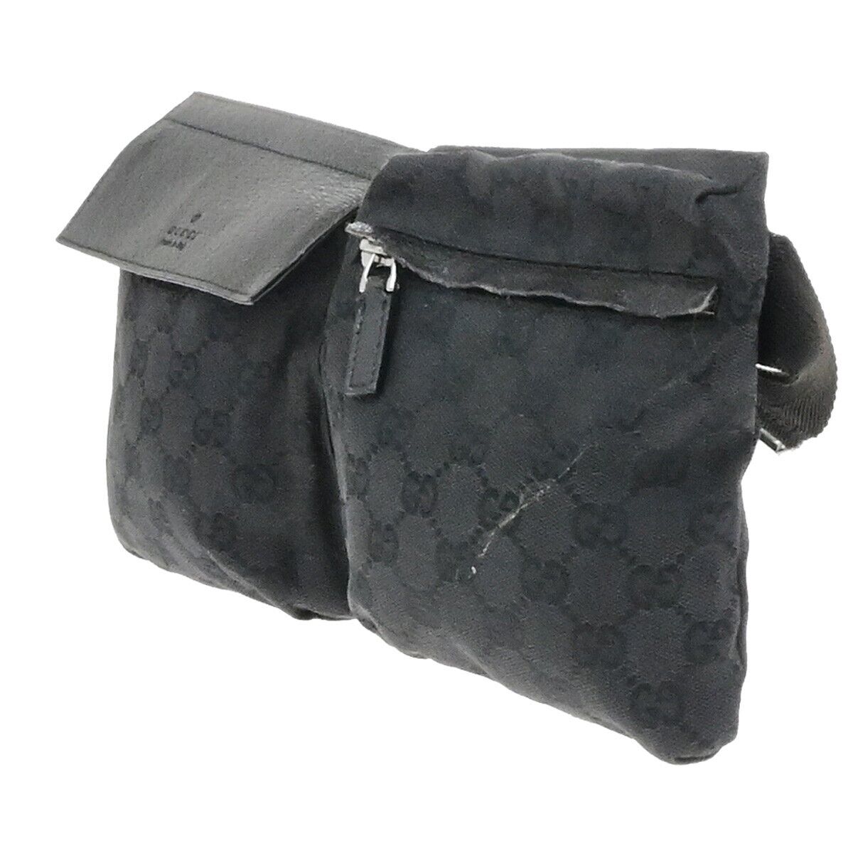 GUCCI Logo GG Pattern Bum Bag Belt Canvas Leather Black Silver Italy 33EE093