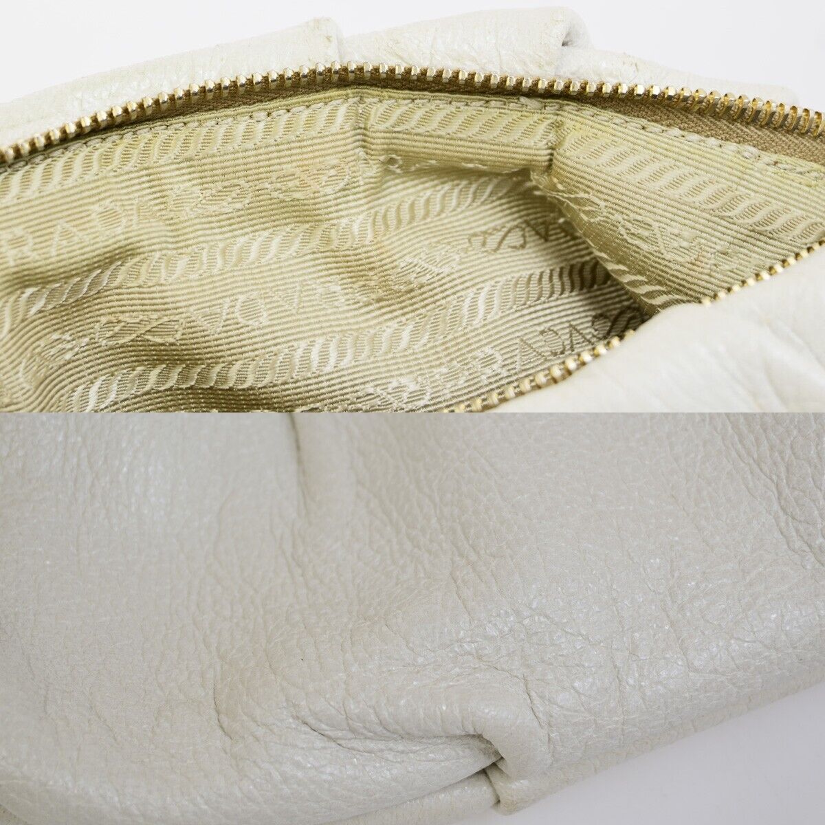 PRADA Logo Cervo Lux Chain Shoulder Hobo Bag Leather White GHW 84FB371
